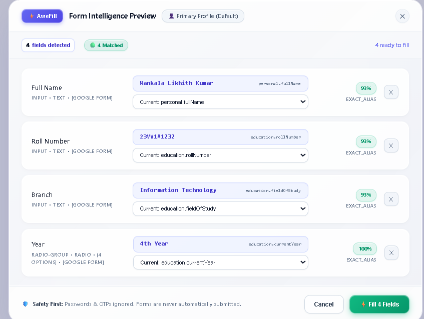 AweFill Form Intelligence Preview Drawer
